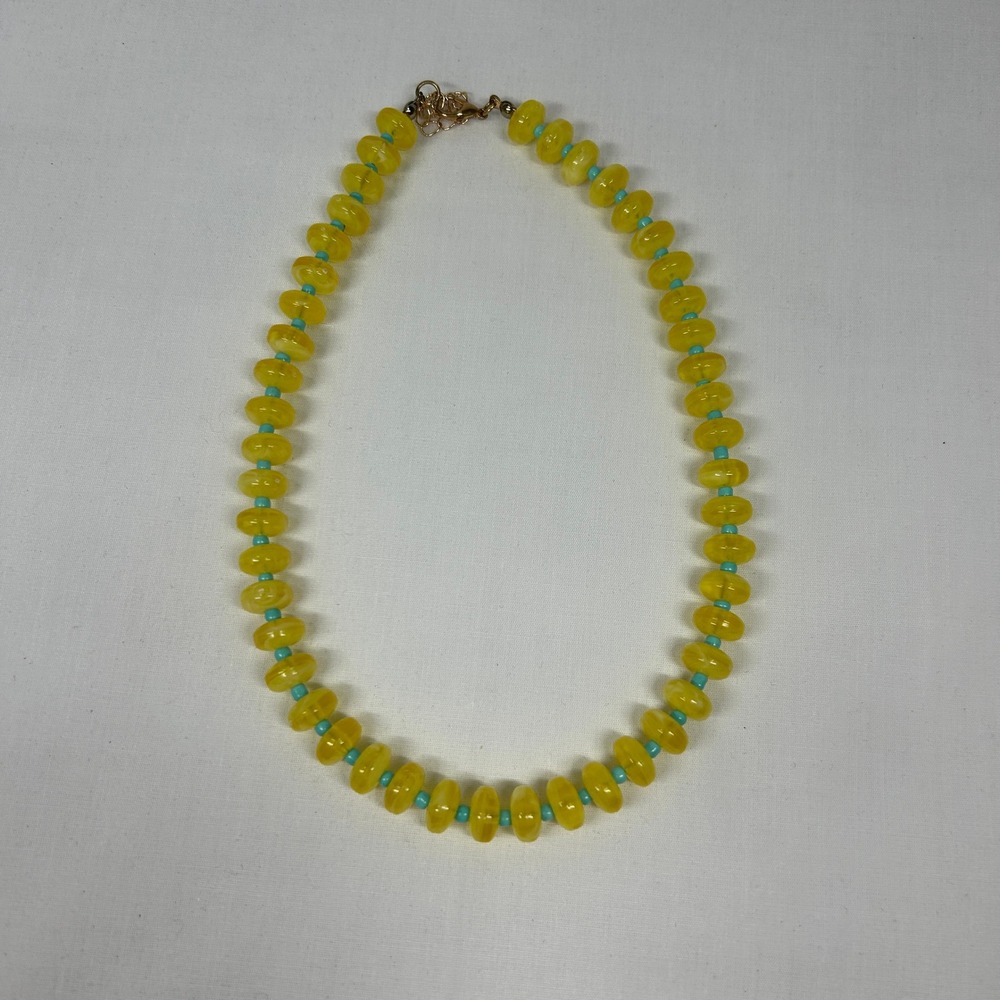 Handcrafted Yellow Glass Bead Choker – Turquoise Accent Extension Necklace